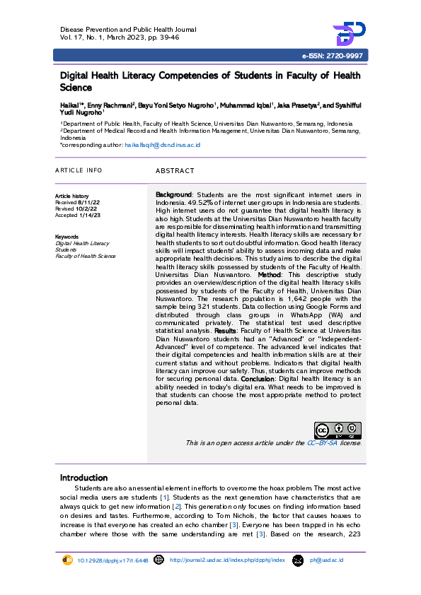 (PDF) Digital Health Literacy Competencies of Students in Faculty of ...
