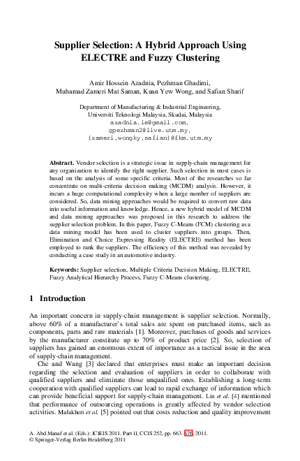 (PDF) Supplier Selection: A Hybrid Approach Using ELECTRE and Fuzzy ...