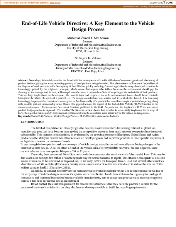(PDF) End-of-life vehicle directive: a key element to the vehicle ...