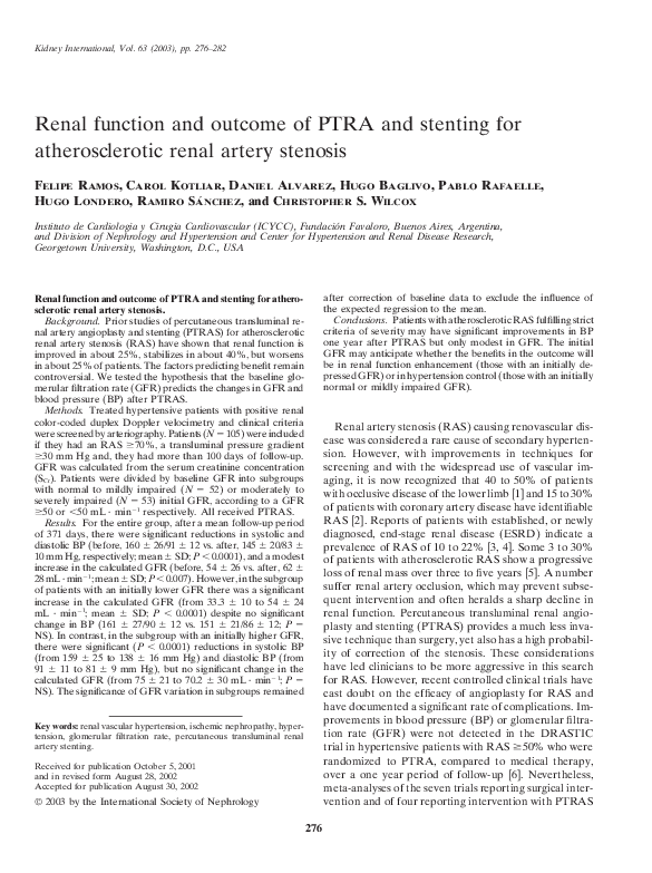 (PDF) Renal function and outcome of PTRA and stenting for ...
