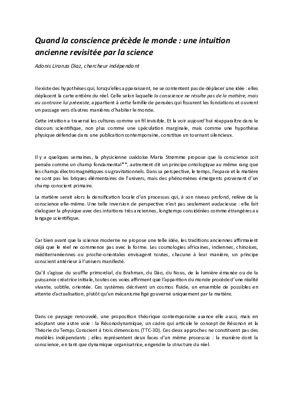 (PDF) Quand la conscience précède le monde : une intuition ancienne ...