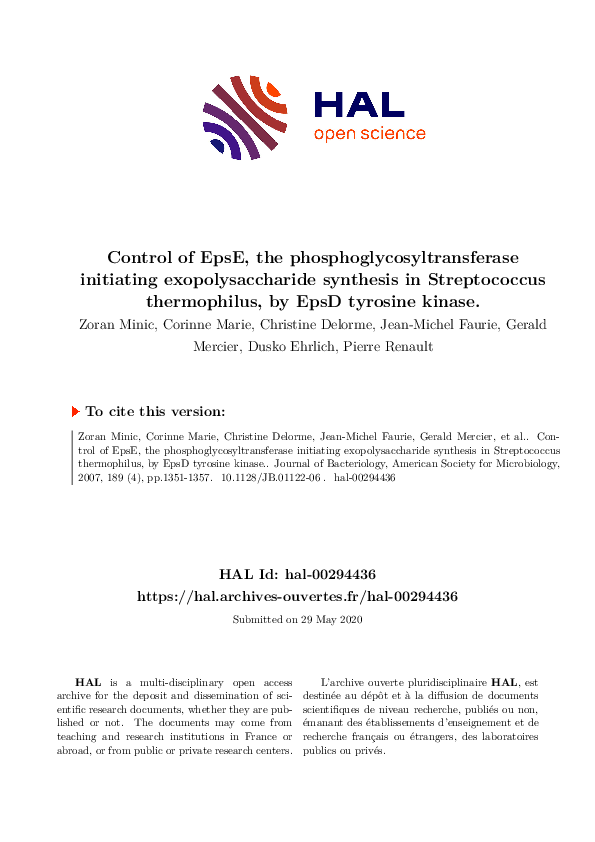 (PDF) Control of EpsE, the Phosphoglycosyltransferase Initiating ...