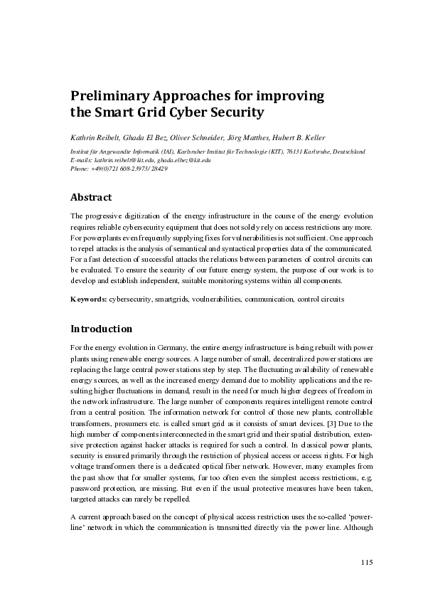 (PDF) Preliminary Approaches for improving the Smart Grid Cyber Security