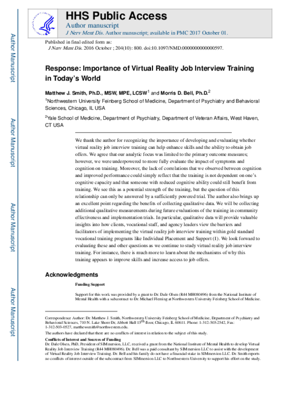 (PDF) Response: Importance of Virtual Reality Job Interview Training in ...