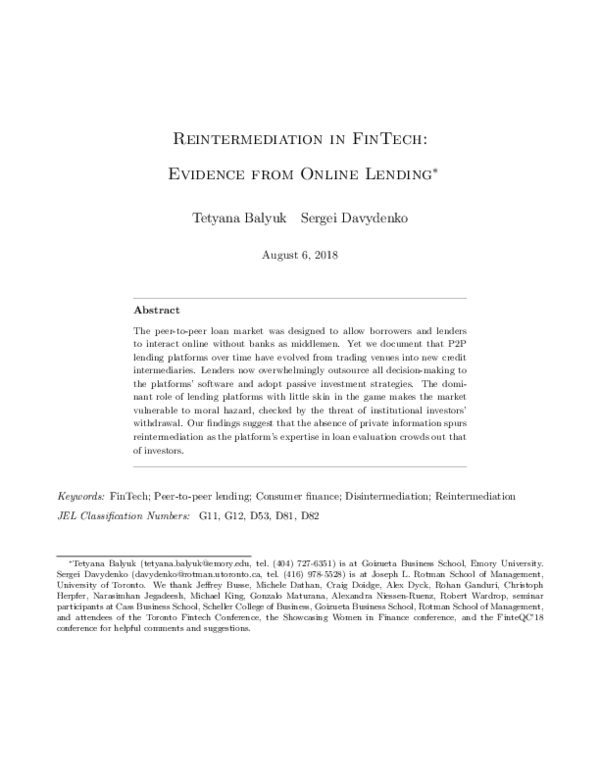 (PDF) Reintermediation in Fintech: Evidence from Online Lending