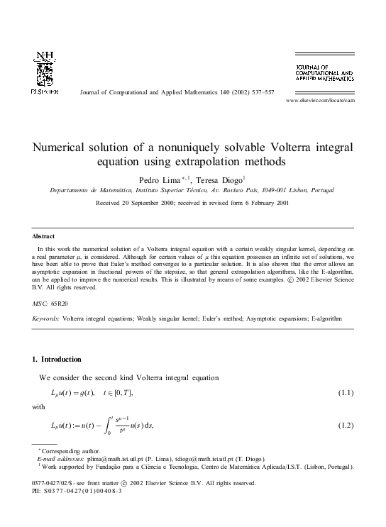(PDF) Numerical solution of a nonuniquely solvable Volterra integral ...