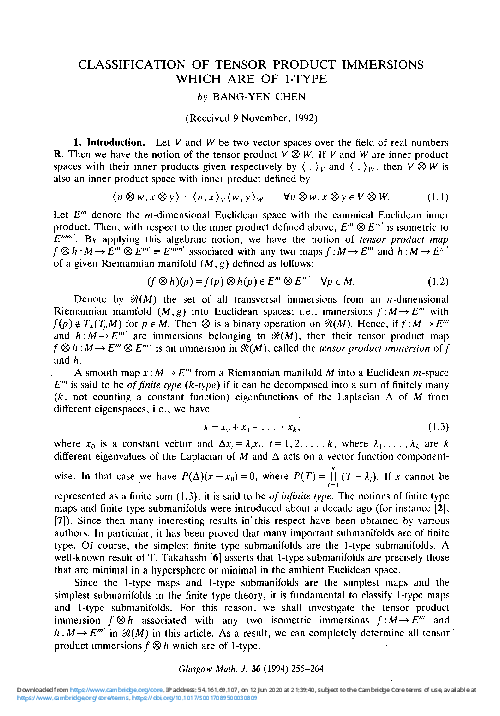 (PDF) Classification of tensor product immersions which are of 1-type