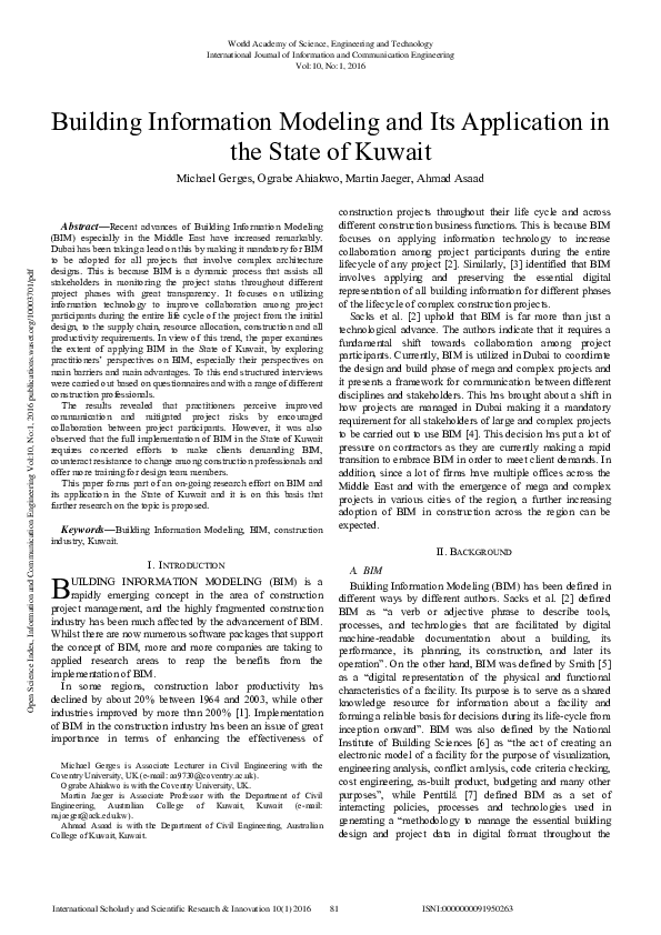 (PDF) Building Information Modeling And Its Application In The State Of ...