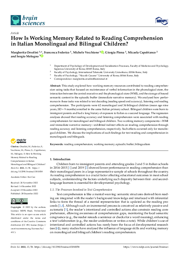(PDF) How Is Working Memory Related to Reading Comprehension in Italian ...