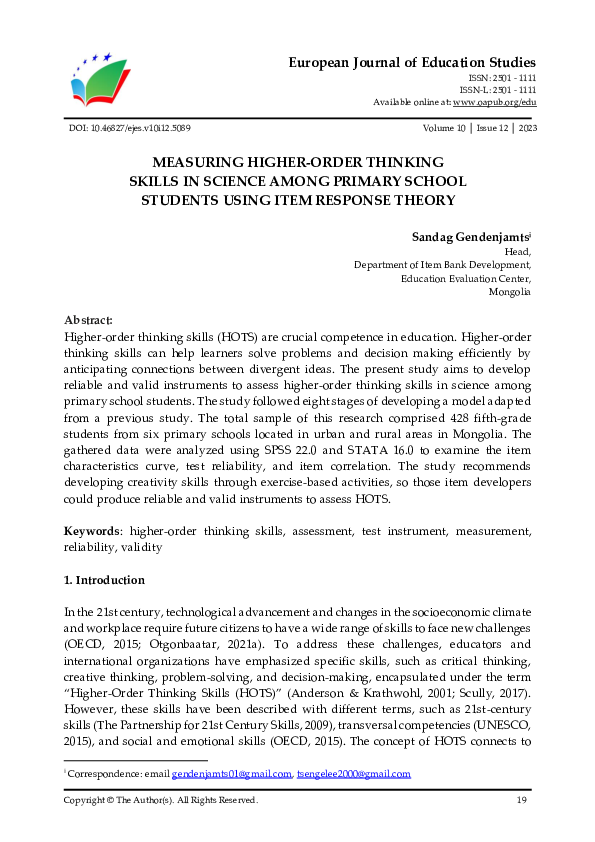 (PDF) Measuring Higher-Order Thinking Skills in Science Among Primary ...