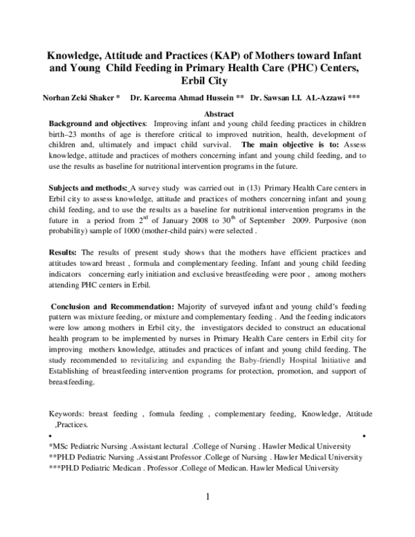 (PDF) Knowledge, Attitude and Practices (KAP) of Mothers toward Infant ...