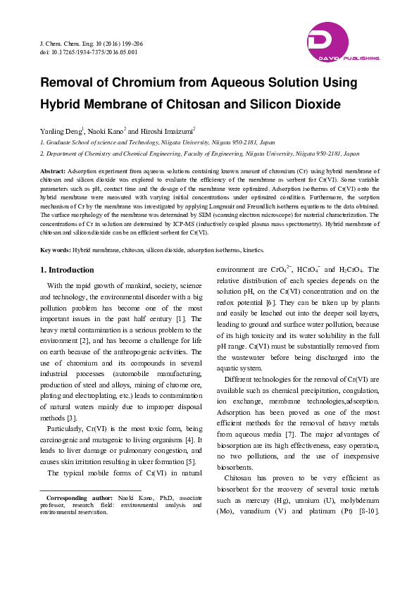 (PDF) Removal of Chromium from Aqueous Solution Using Hybrid Membrane ...