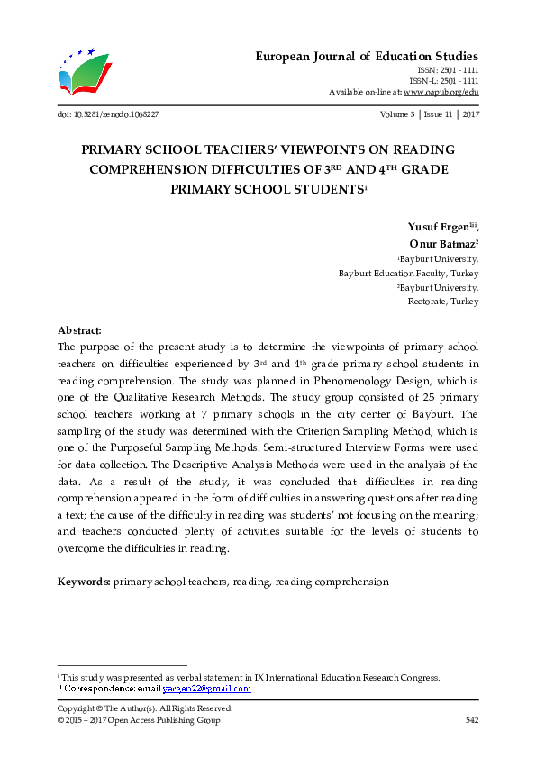 (PDF) Primary School Teachers' Viewpoints on Reading Comprehension ...