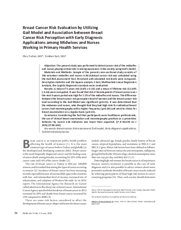 (PDF) Breast Cancer Risk Evaluation by Utilizing Gail Model and ...