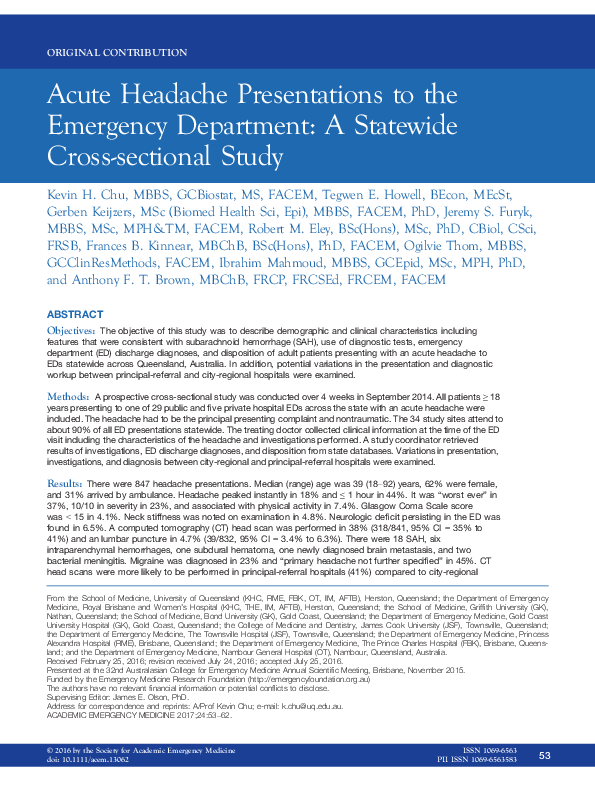 (PDF) Acute headache presentations to the emergency department: A state ...