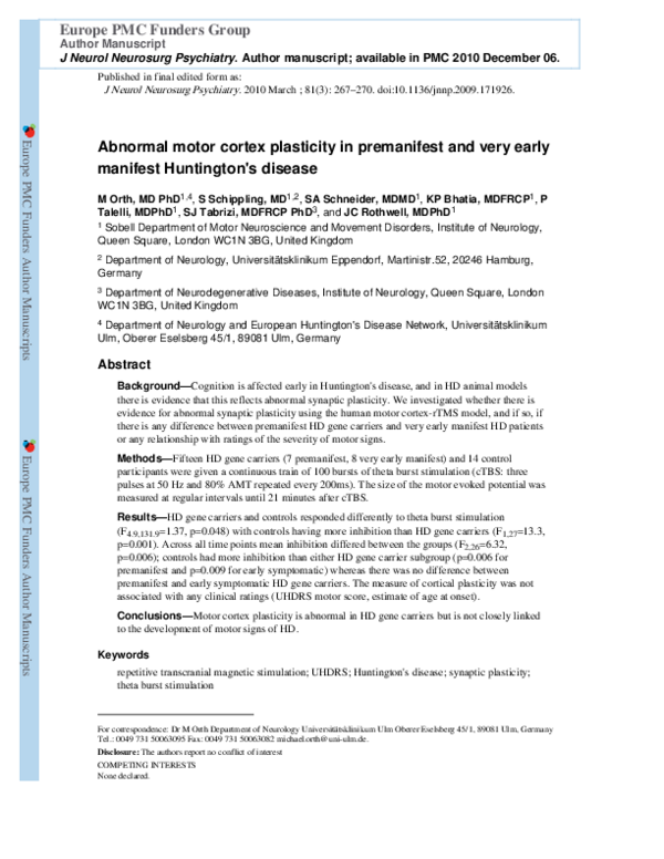 (PDF) Abnormal motor cortex plasticity in premanifest and very early ...