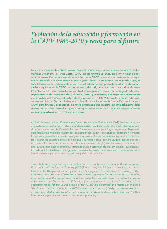 (PDF) Evolución de la educación y formación en la CAPV 1986-2010 y ...