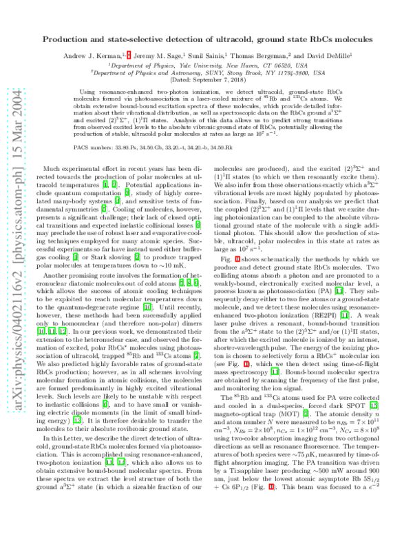 (PDF) Production and State-Selective Detection of Ultracold RbCs Molecules