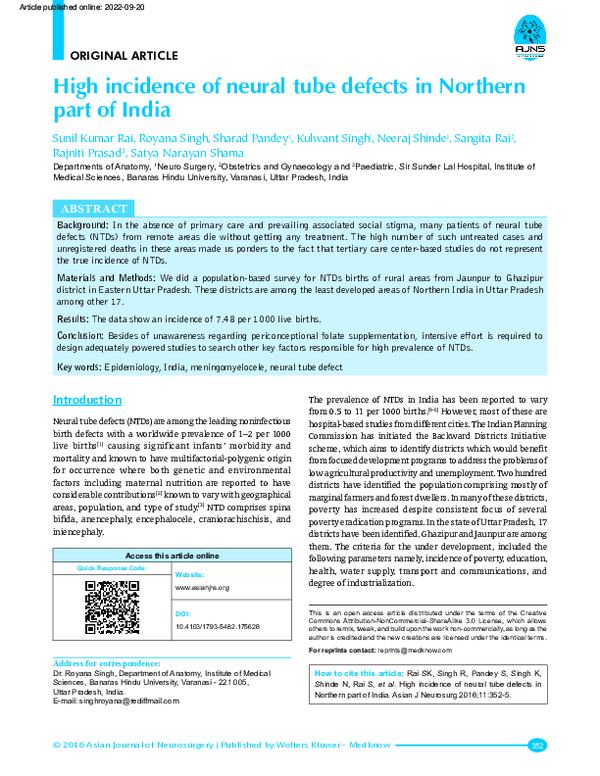 (PDF) High incidence of neural tube defects in Northern part of India
