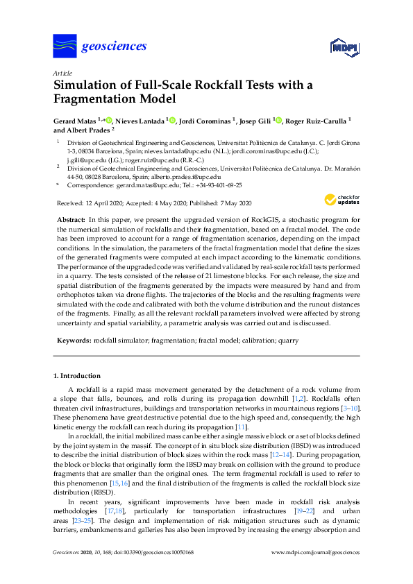 (PDF) Simulation of Full-Scale Rockfall Tests with a Fragmentation Model