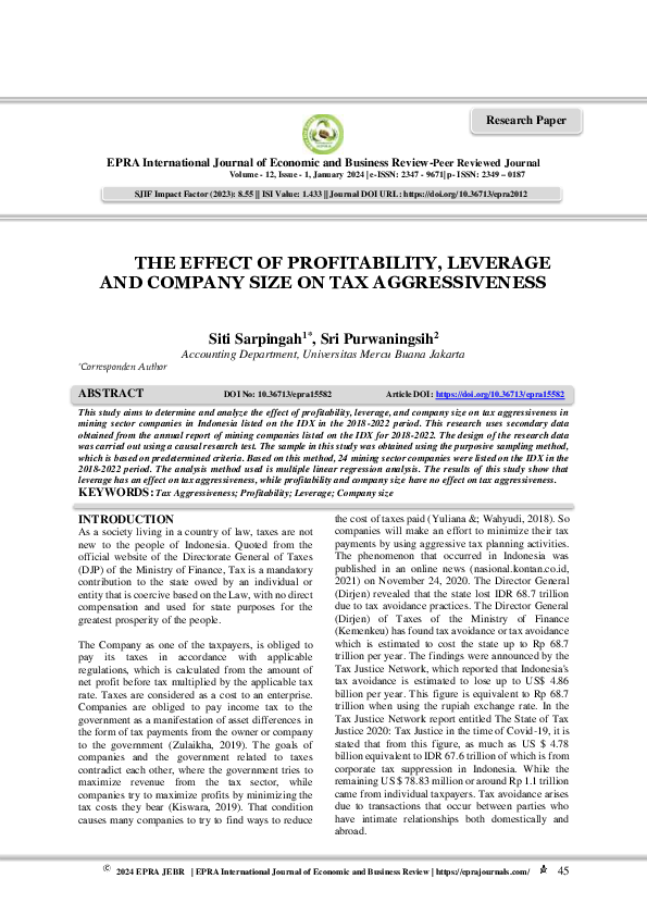 (PDF) The Effect of Profitability, Leverage and Company Size on Tax ...