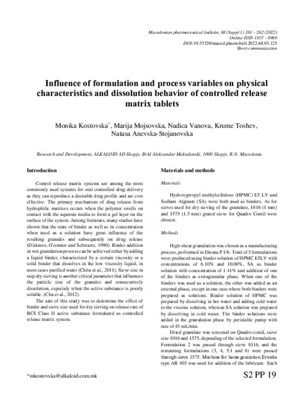 (PDF) Influence of formulation and process variables on physical ...