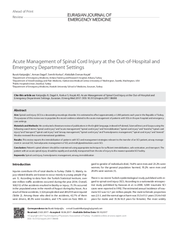 (PDF) Acute Management of Spinal Cord Injury at the Out-of-Hospital and ...