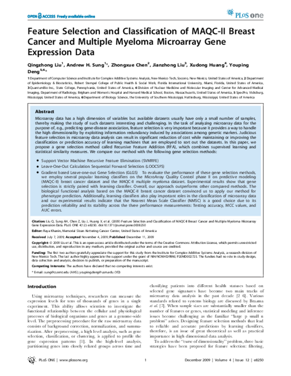 (PDF) Feature Selection and Classification of MAQC-II Breast Cancer and ...