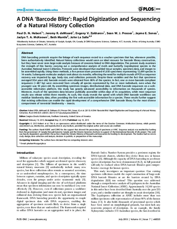 (PDF) A DNA 'Barcode Blitz': Rapid Digitization and Sequencing of a ...