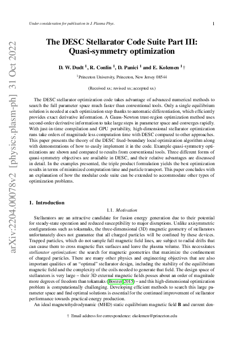 (PDF) The DESC stellarator code suite Part 3: Quasi-symmetry optimization
