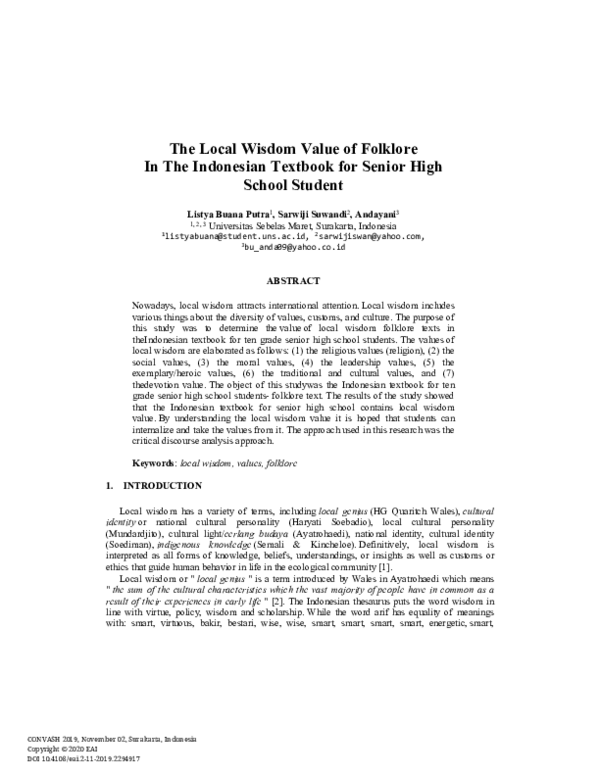 (PDF) The Local Wisdom Value of Folklore In The Indonesian Textbook for ...