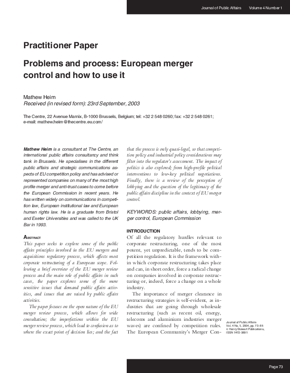 (PDF) Practitioner Paper Problems and process: European merger control ...