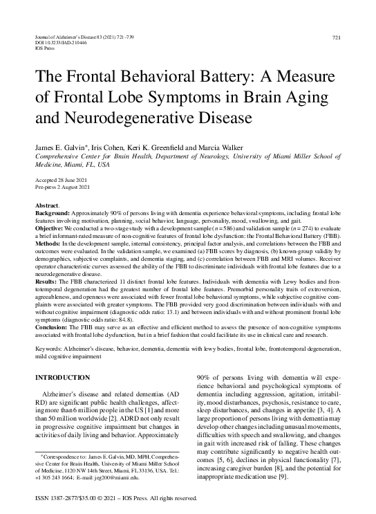 (PDF) The Frontal Behavioral Battery: A Measure of Frontal Lobe ...
