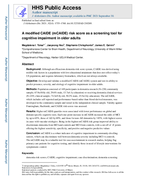 (PDF) A Modified CAIDE Risk Score as a Screening Tool for Cognitive ...