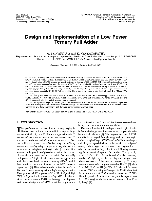 (PDF) Design and Implementation of a Low Power Ternary Full Adder
