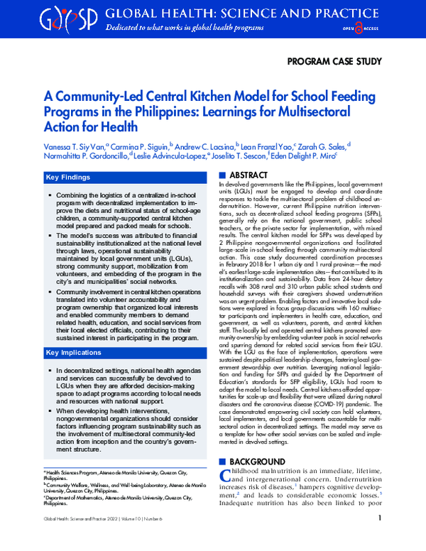 (PDF) A Community-Led Central Kitchen Model for School Feeding Programs ...