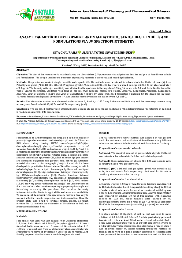 (PDF) ANALYTICAL METHOD DEVELOPMENT AND VALIDATION OF FENOFIBRATE IN ...