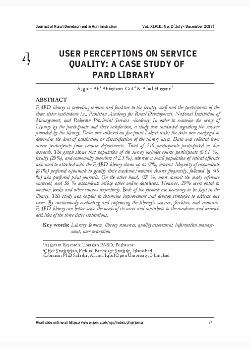(PDF) USER PERCEPTIONS ON SERVICE QUALITY: A CASE STUDY OF PARD LIBRARY