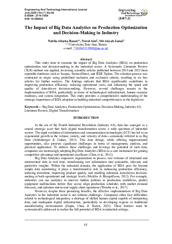 (PDF) The Impact of Big Data Analytics on Production Optimization and ...