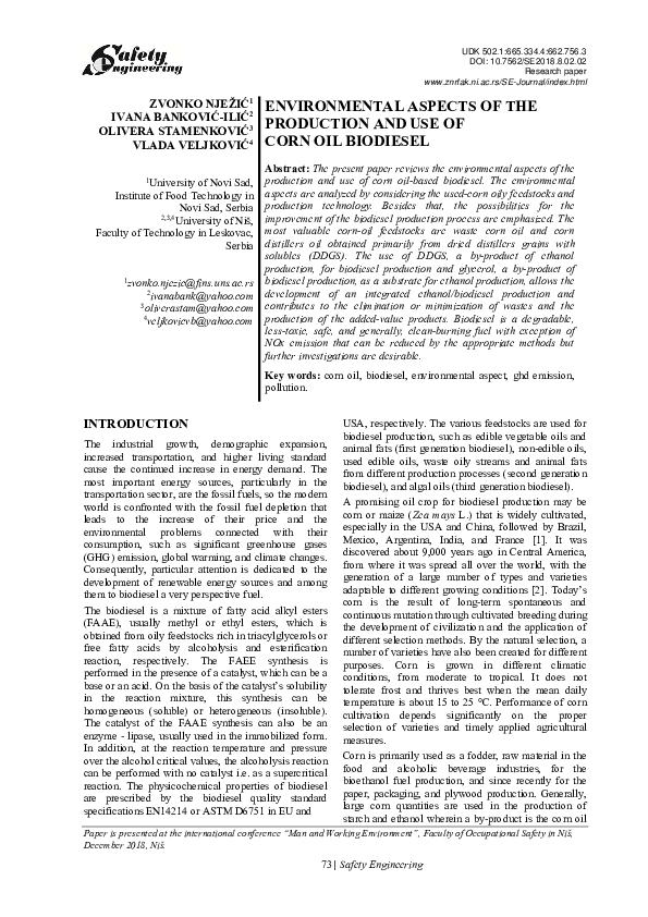 (PDF) Environmental Aspects of the Production and Use of Corn Oil Biodiesel