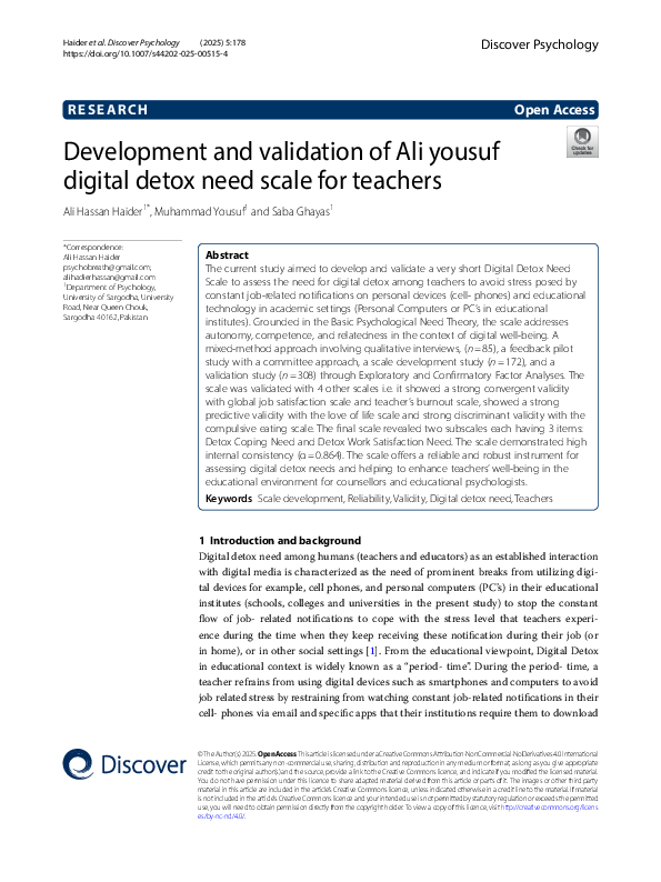 (PDF) Development and validation of Ali yousuf digital detox need scale ...