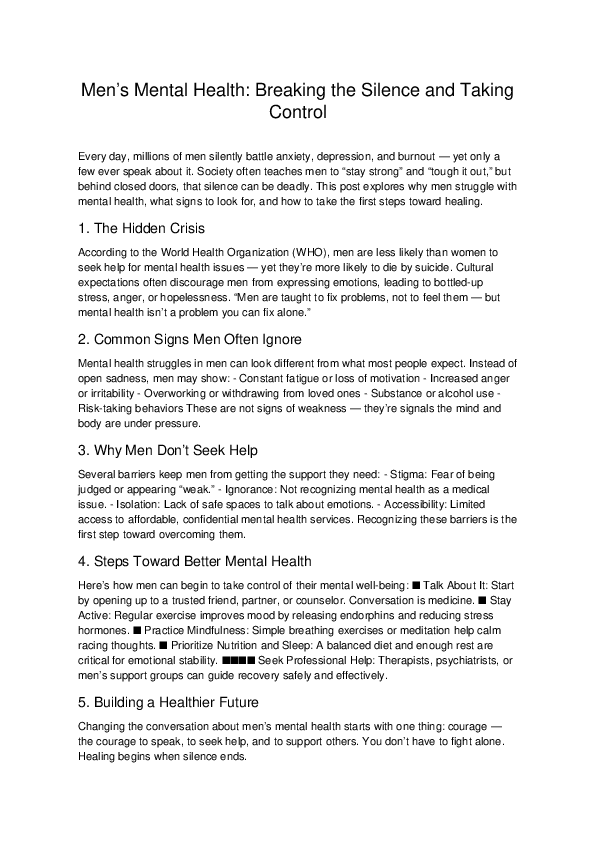 (PDF) Men's Mental Health: Breaking the Silence and Taking Control