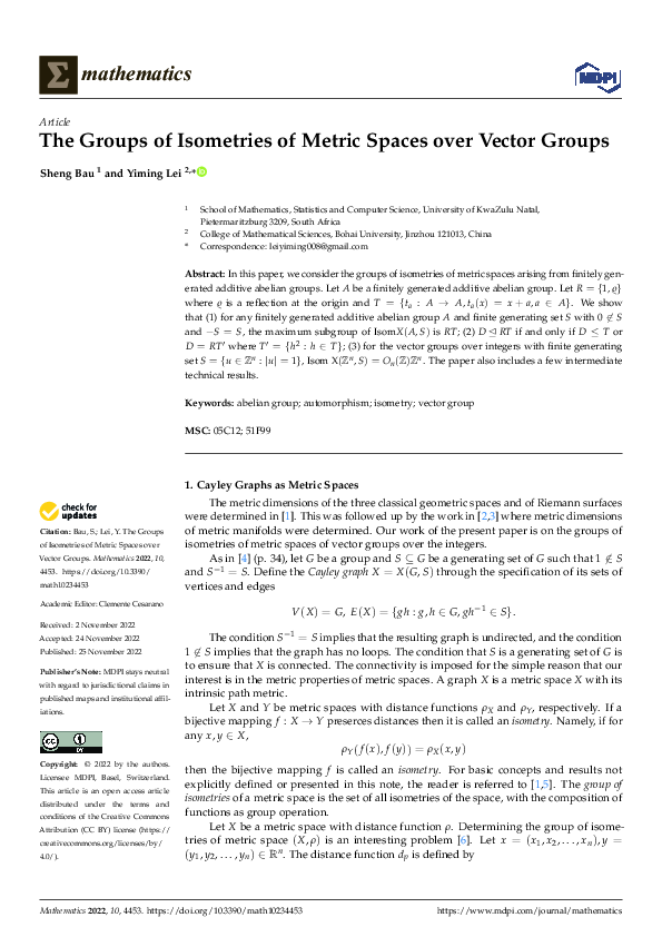 (PDF) The Groups of Isometries of Metric Spaces over Vector Groups