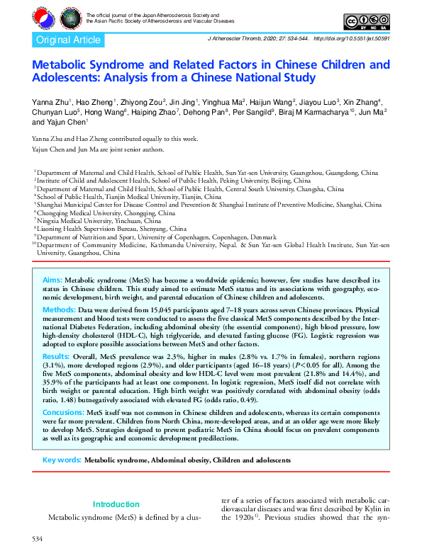 (PDF) Metabolic Syndrome and Related Factors in Chinese Children and ...