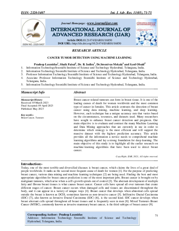 (PDF) Cancer Tumor Detection Using Machine Learning