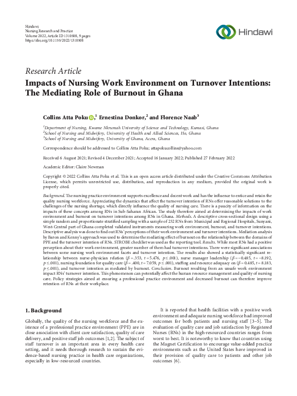 (PDF) Impacts of Nursing Work Environment on Turnover Intentions: The ...