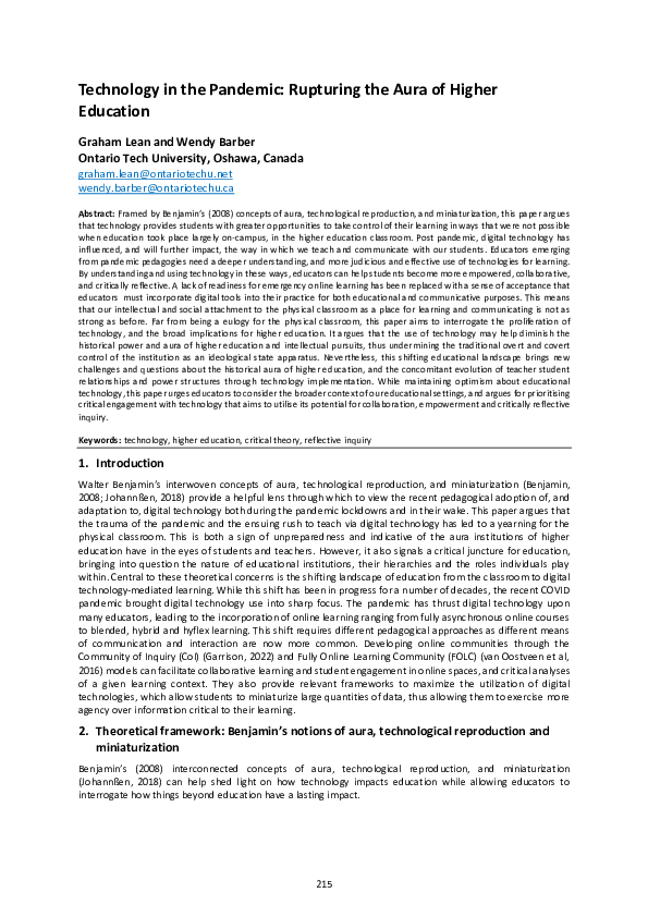 (PDF) Technology in the Pandemic: Rupturing the Aura of Higher Education