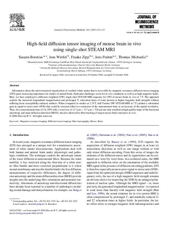 (PDF) High-field diffusion tensor imaging of mouse brain in vivo using ...