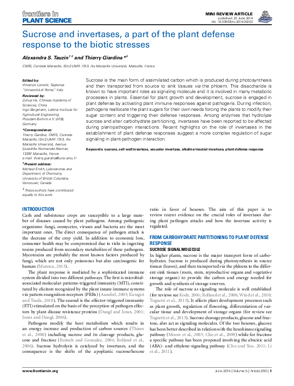 (PDF) Sucrose and invertases, a part of the plant defense response to ...