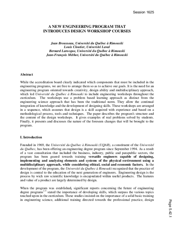 (PDF) A New Engineering Program That Introduces Design Workshop Courses